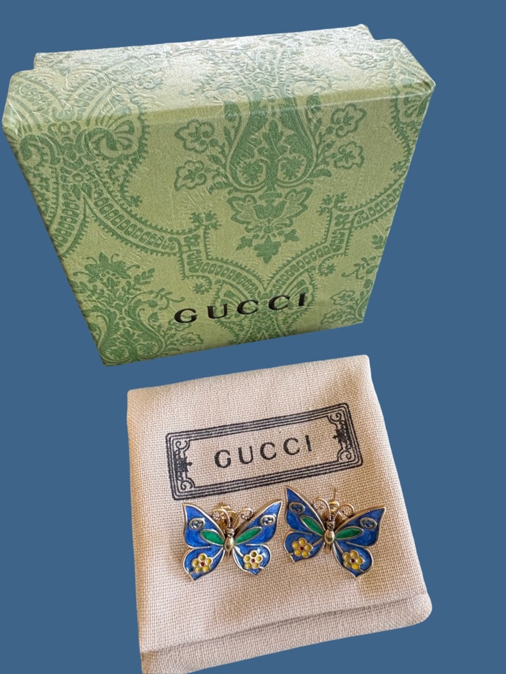Gucci Blue and Green Enamel Butterfly Earrings